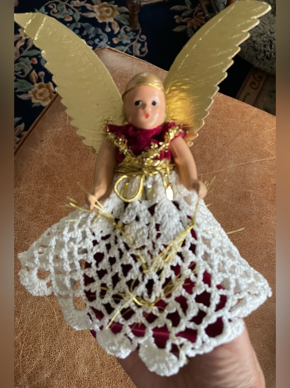 Vintage 1930-1940 Noma Composite Angel Tree Topper Gold Wings Hand Crochet Skirt